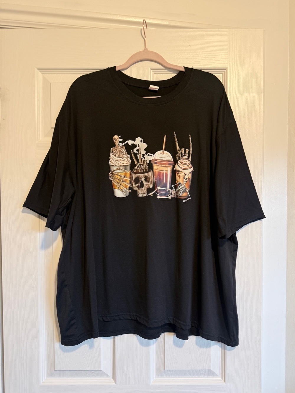 Black Skeleton Coffee Latte Graphic Tee Halloween Skull T-Shirt 5XL